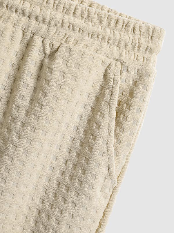 Men's Terry Cloth Plaid Color Block Cuban Collar Shirt Casual Shorts Set - LXNDON