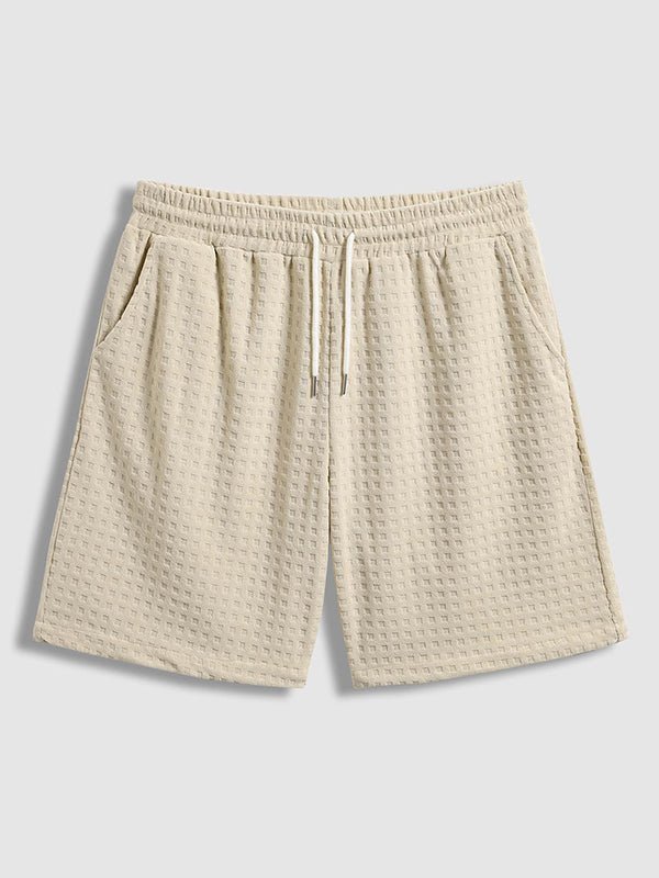 Men's Terry Cloth Plaid Color Block Cuban Collar Shirt Casual Shorts Set - LXNDON