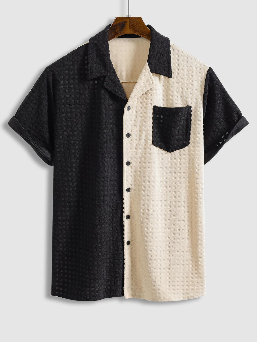 Men's Terry Cloth Plaid Color Block Cuban Collar Shirt Casual Shorts Set - LXNDON