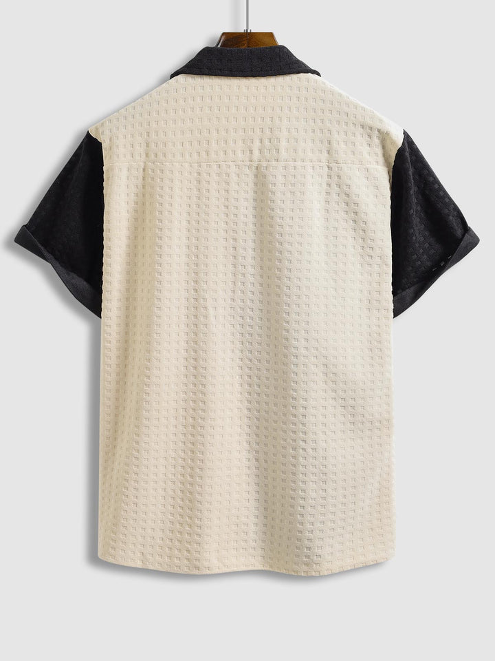 Men's Terry Cloth Plaid Color Block Cuban Collar Shirt Casual Shorts Set - LXNDON