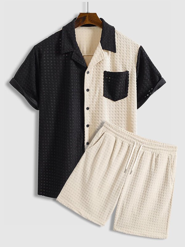 Men's Terry Cloth Plaid Color Block Cuban Collar Shirt Casual Shorts Set - LXNDON