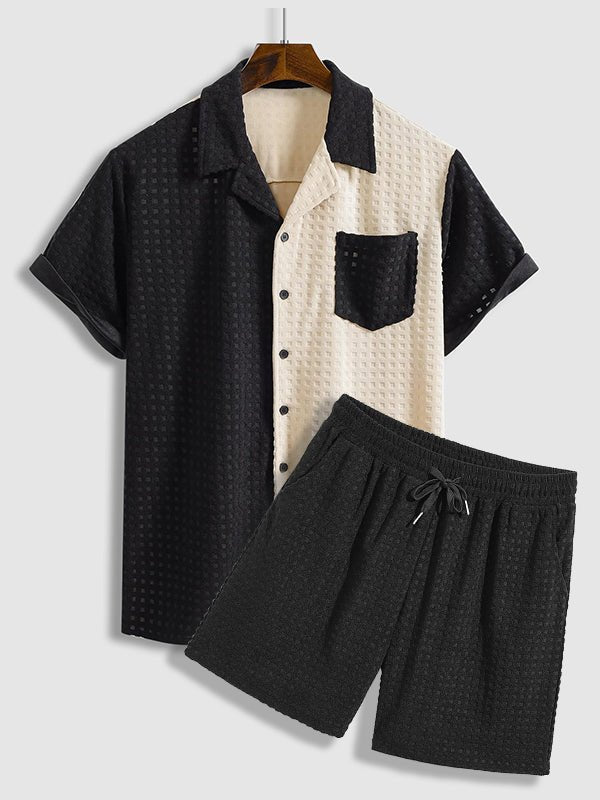 Men's Terry Cloth Plaid Color Block Cuban Collar Shirt Casual Shorts Set - LXNDON