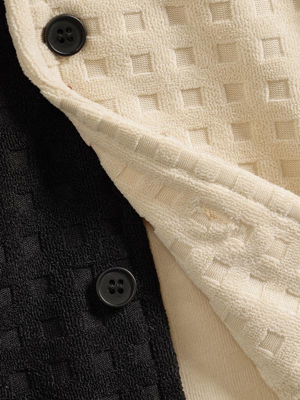 Men's Terry Cloth Plaid Color Block Cuban Collar Shirt Casual Shorts Set - LXNDON