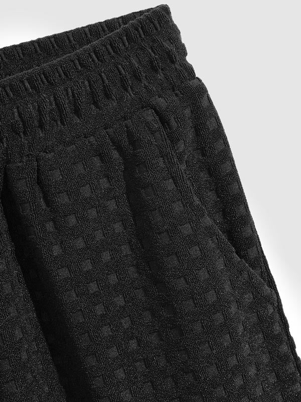 Men's Terry Cloth Plaid Color Block Cuban Collar Shirt Casual Shorts Set - LXNDON