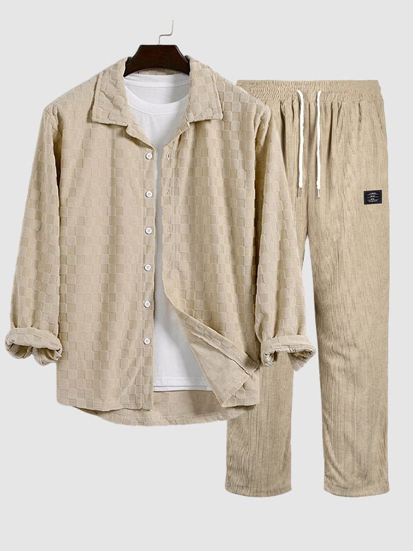 Men's textured plaid terry casual long - sleeved shirt and corduroy pants set - LXNDON