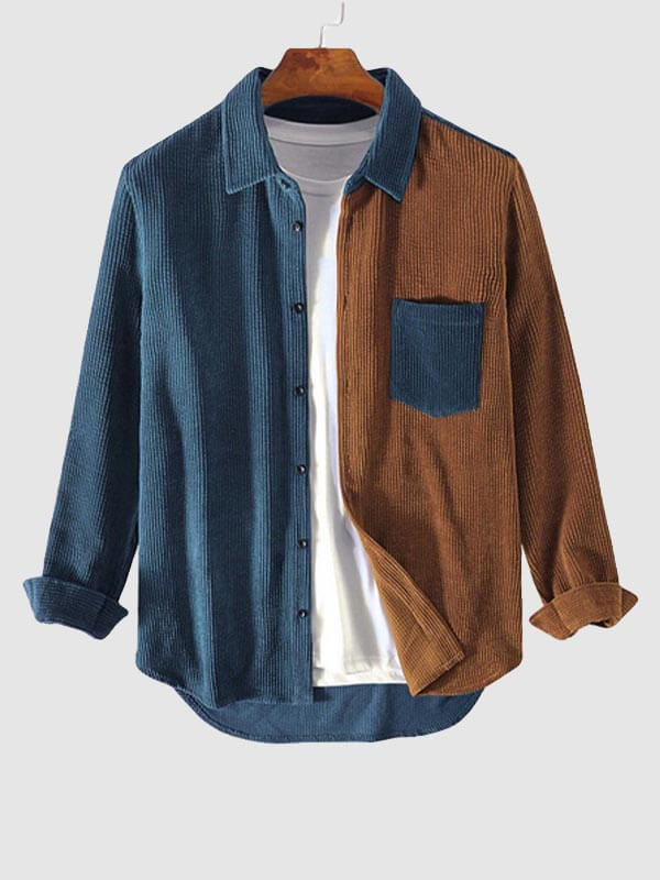 Men's Vintage Corduroy Colorblock Single Pocket Button Lapel Shirt - LXNDONSKU_1753277742202_372