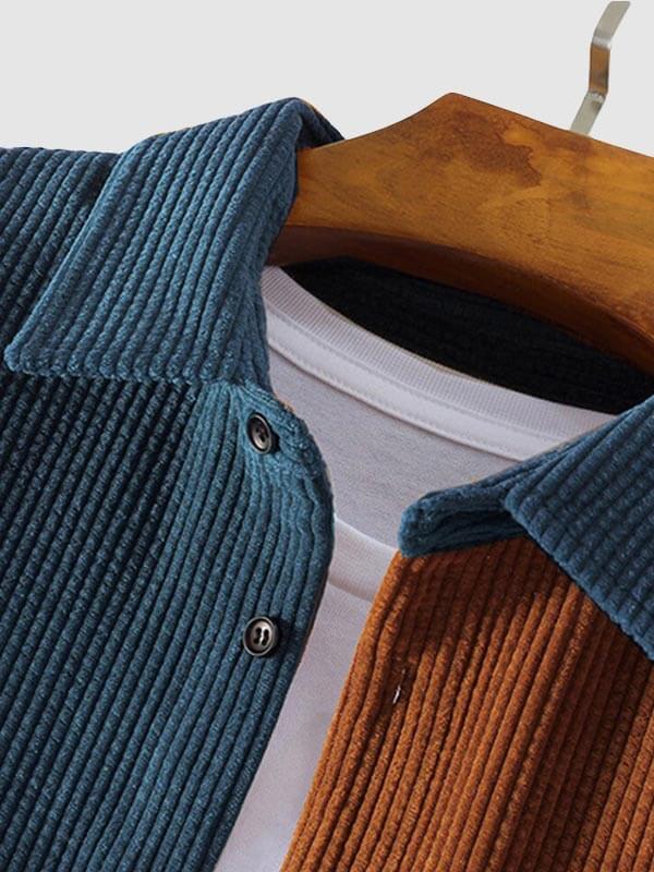 Men's Vintage Corduroy Colorblock Single Pocket Button Lapel Shirt - LXNDONSKU_1753277742202_372