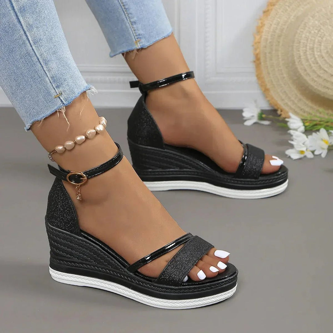 Milena | Stylish Black Platform Wedge Sandals - LXNDON