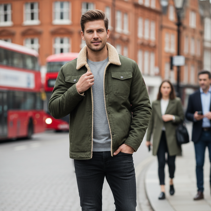 Man in a green jacket standing on a city street with red buses in the background