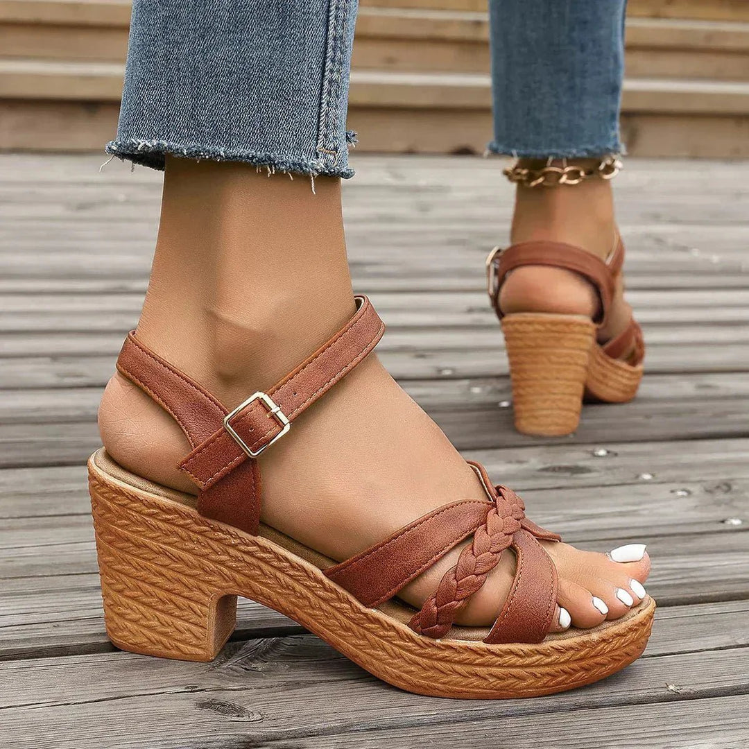 Solara | Stylish Woven Block Heel Sandals - LXNDON