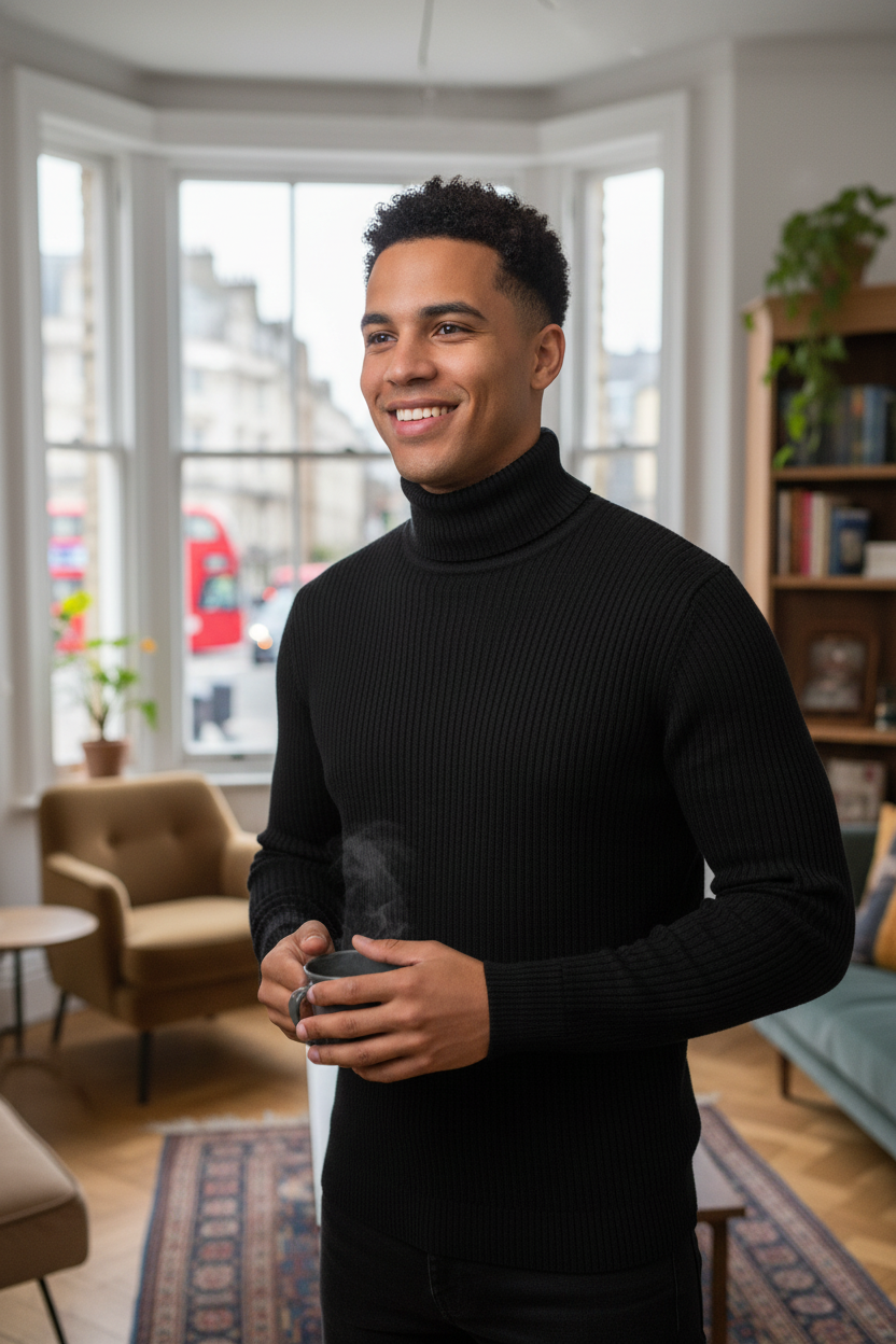 Men's Solid Color Striped Textured Turtleneck Sweater