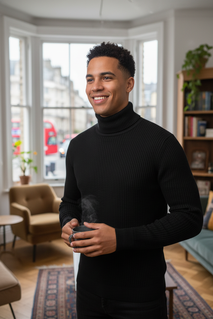 Men's Solid Color Striped Textured Turtleneck Sweater